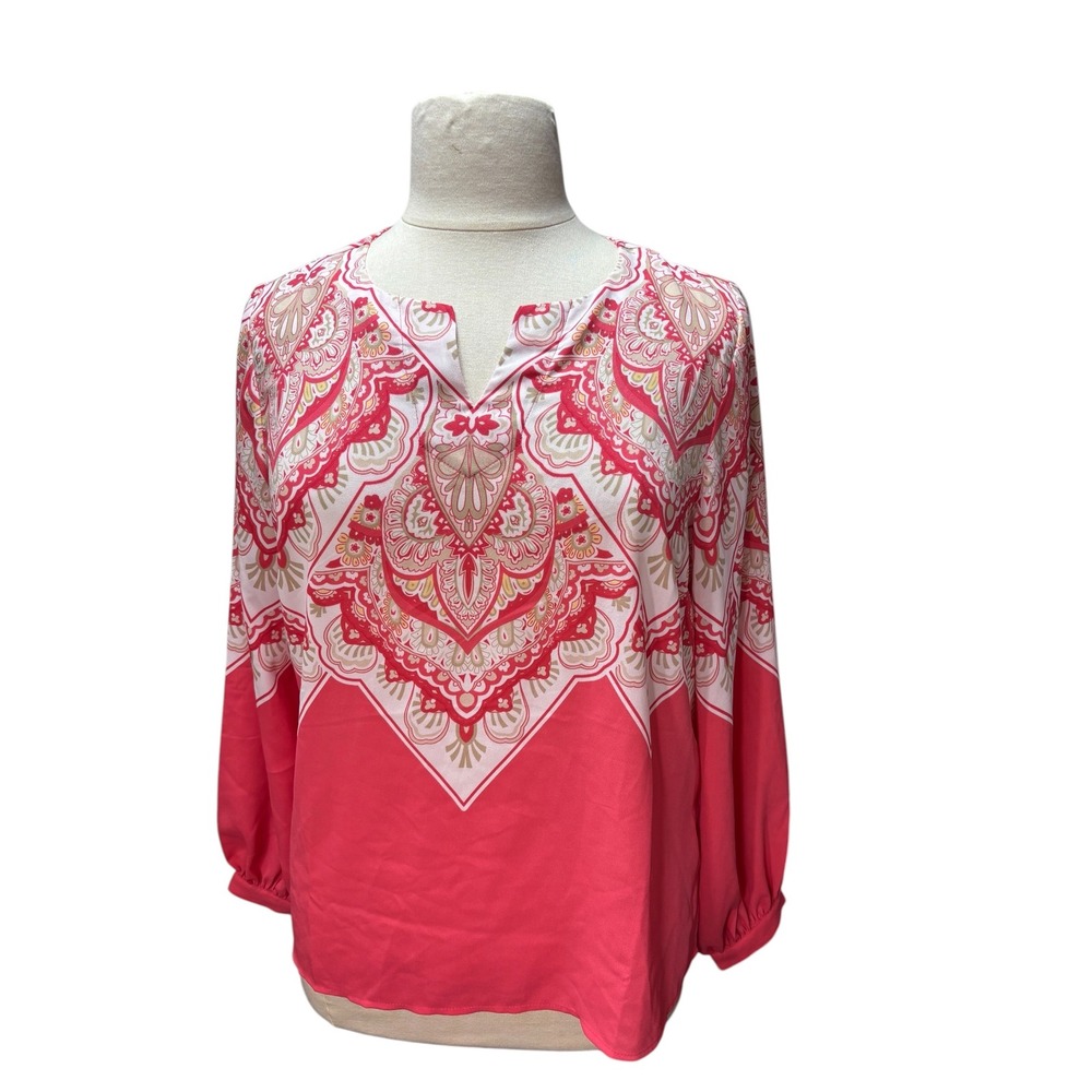 NEW Belle BOHO Pink‎ Paisley Medallion Split Neck Bishop Sleeve Blouse L #995